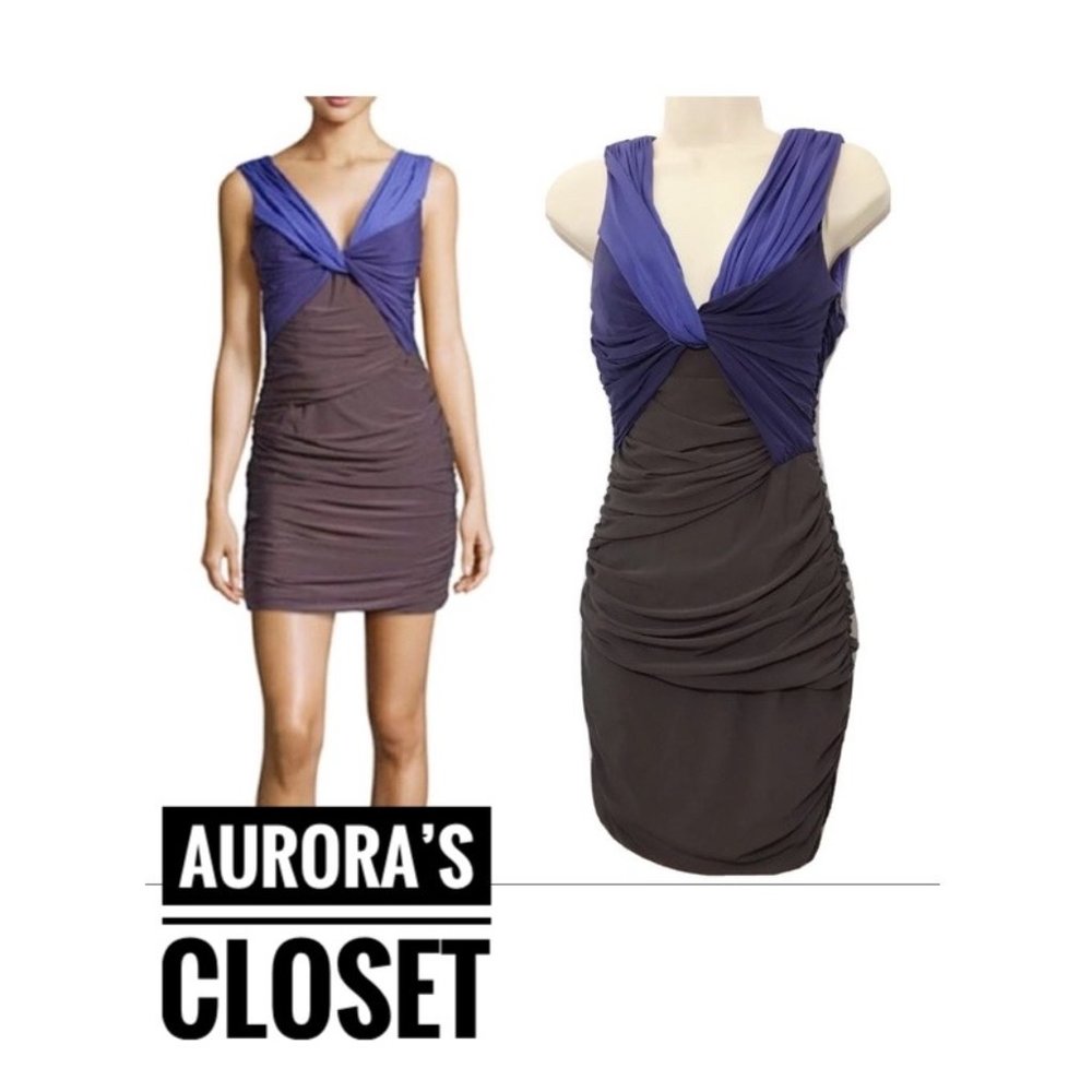 Halston 0 Blue Bodycon Wiggle Dress Ruched Mini V Neck